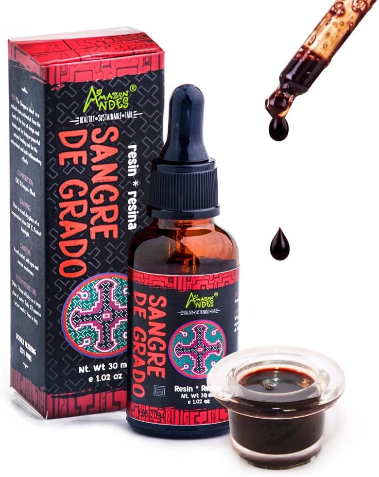 Andes Dragon 's Blood (Sangre de Grado) - 100% Darah Naga - Dibuat dari Pohon Croton Lechleri - None-GMO, Wild Crafted & Gluten- Free - Dukungan Pengendalian Aktivitas - 1.02 Oz / 30ml - dibuat di Peru