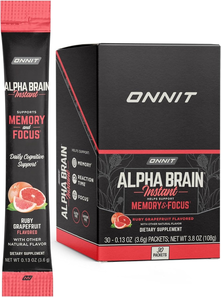ONNIT Alpha Brain Instant - Ruby Grapefruit Flavor - Nootropic Brain Booster Desplement - Brain Support for Focus, Energy & Clarity - Alpha GPC Choline, Cats Cakar, L- Theanine, Babopa - 30ct