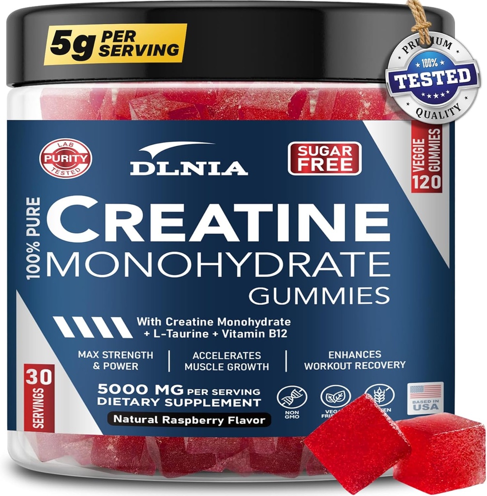 120 Creatine Monohydrate Gummies for Men & Women, Vegan-Friendly, Sugar- Free, Tasty Chewables - Instantized Creatine Gummies for Enhanced Muscles Growth, Recovery, & Performance (Raspberry)