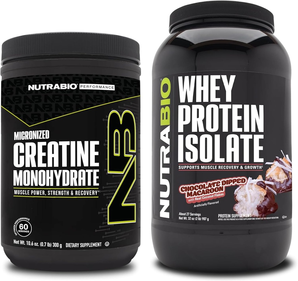 NutraBio Creatine Monohydrate, Unfeatored, 300g dan Whey Protein Isolate, Chocolate Dipped Macaroon, Suplemen Bundle - Energi Otot, Lean Muscle Growth, Recovery, dan Kekuatan