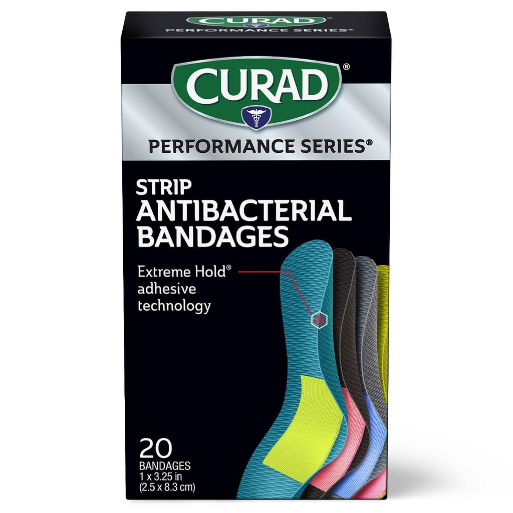 CURAD Performance Series IRONMAN Antibakteri Bandages, Extreme Hold Adhesive Technology, Standard Size Fleksible Fabrics Bandges for Cuts, Scrapes, & Burns, Assisted Colors, 1 x 3.25 inch, 20 Count