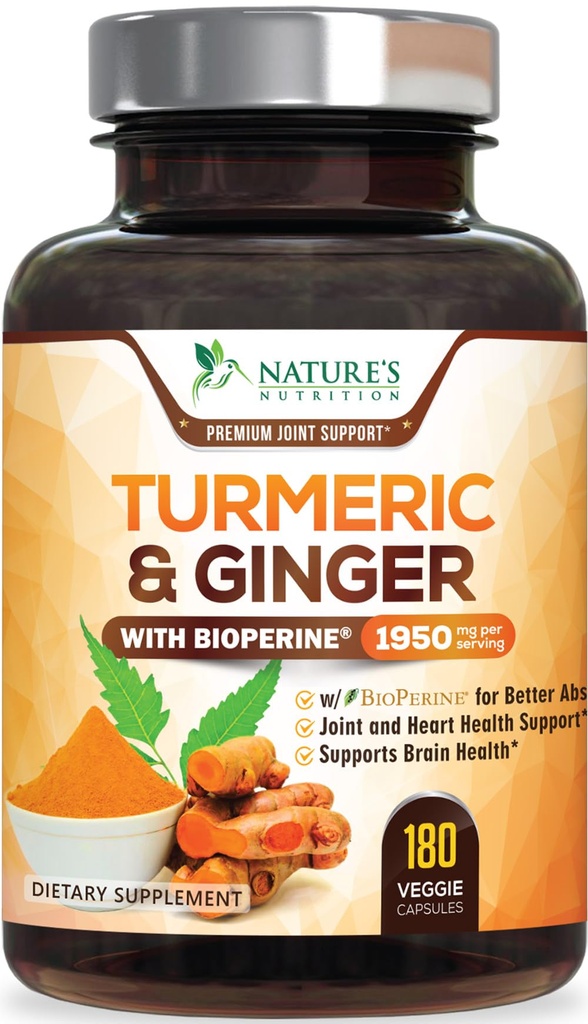 Turmeric Curcumin Supplement 1950mg - 95% Curcuminoid dengan Organic Turmeric & Ginger, BioPerine Black Pepper untuk Absorpsi Terbaik, Dukungan Bersama Vegan Alam, Non- GMO, Botol di AS - 180 Capsules