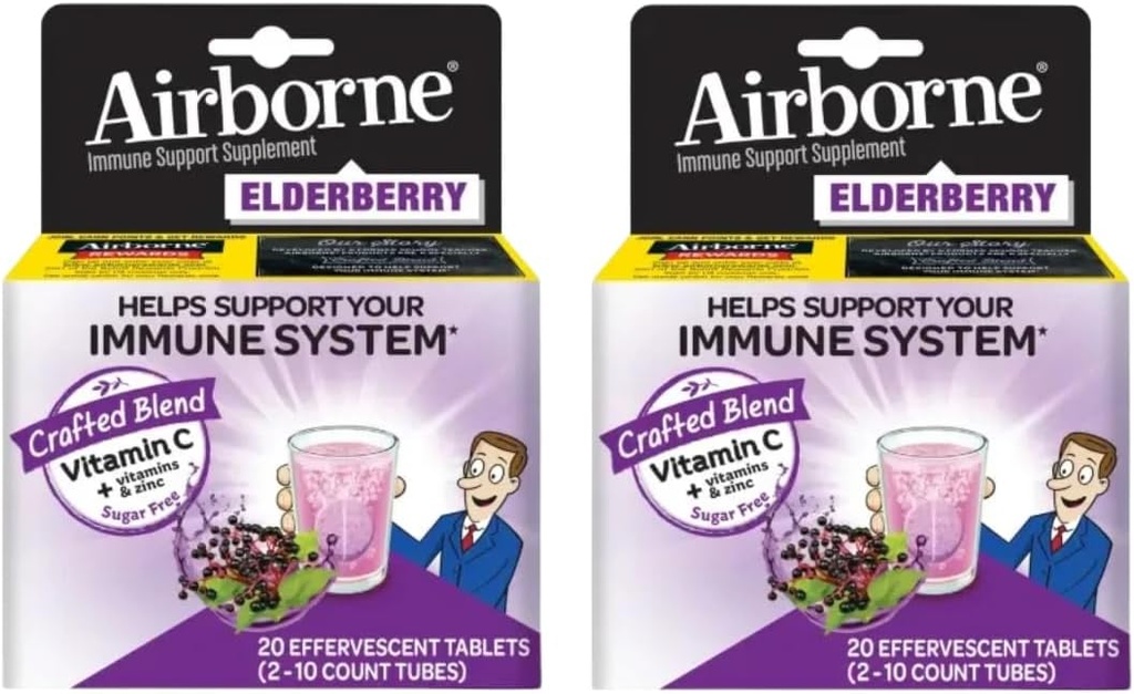 Ekstrak Elderberry + Vitamin C 1000mg (per Serving) - Airborne Effervescent Tablet (20ct), Gluten- Free Imune Suplemen, dengan Vitamin A C E, ZINC & Selenium, Sugar Free (Paket 2)