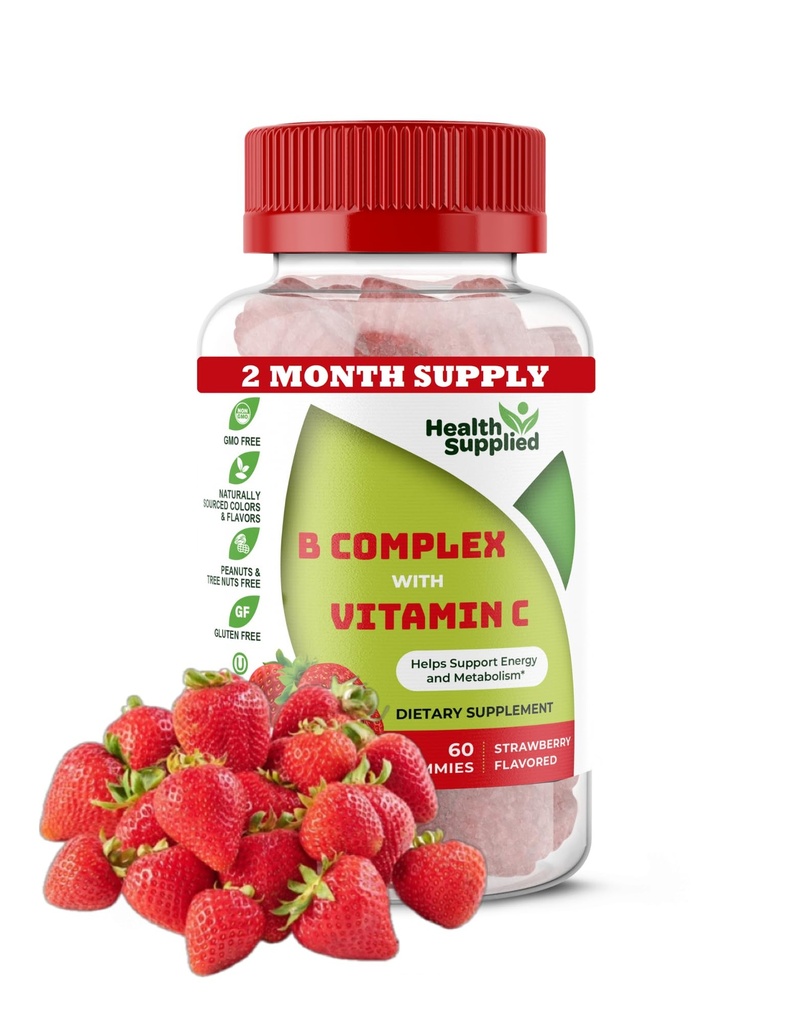 Strawberry Flavored Vitamin B Complex Gummies - B Complex with Vitamin C - Support Nervous System and Boosts Energy Levels - Assist with Cognitive Frction - Great Tasting and Easy to Swallow