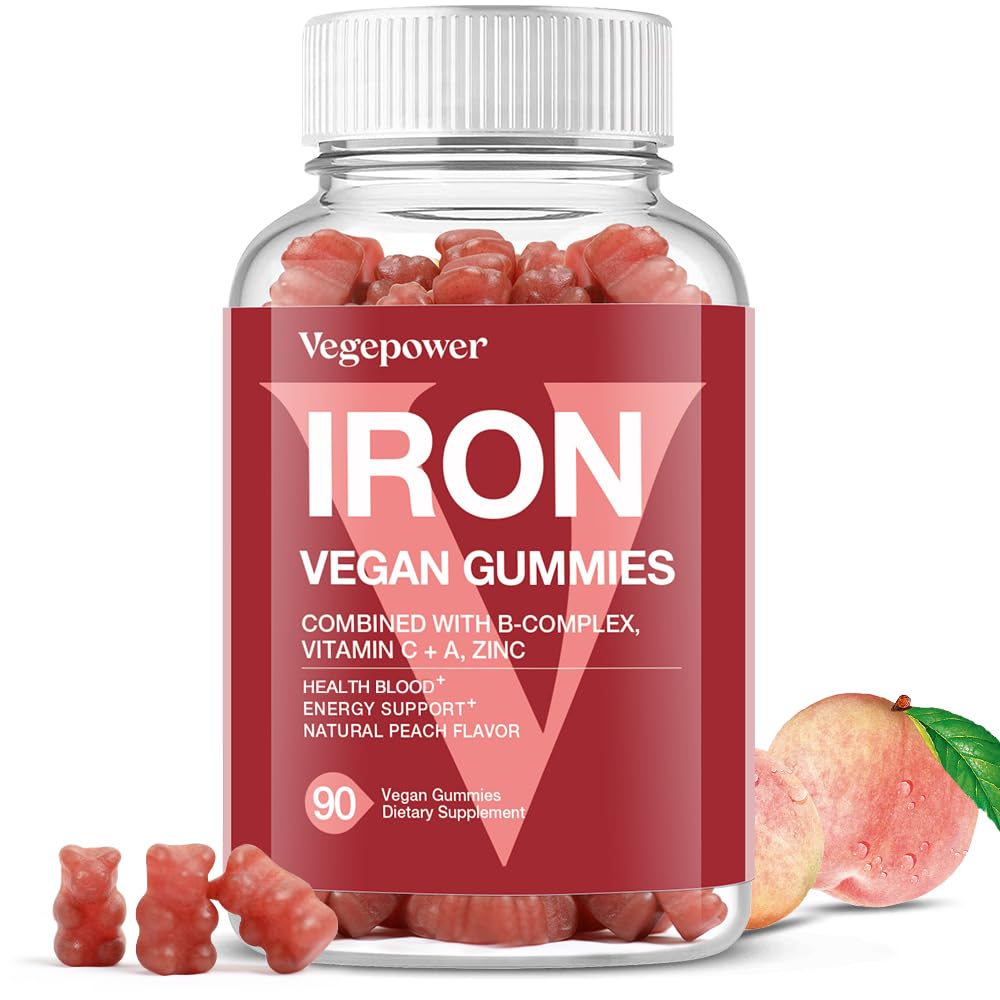 Vegan Iron Gummies Supplement - dengan Vitamin C, A, B- Complex, Finish, Zinc for Dewata & Anak-Anak - Kesehatan Darah & Energi Dukungan untuk Defisiensi Besi, Anemia, No After Rasa - Peach Flavor (90 Ct)