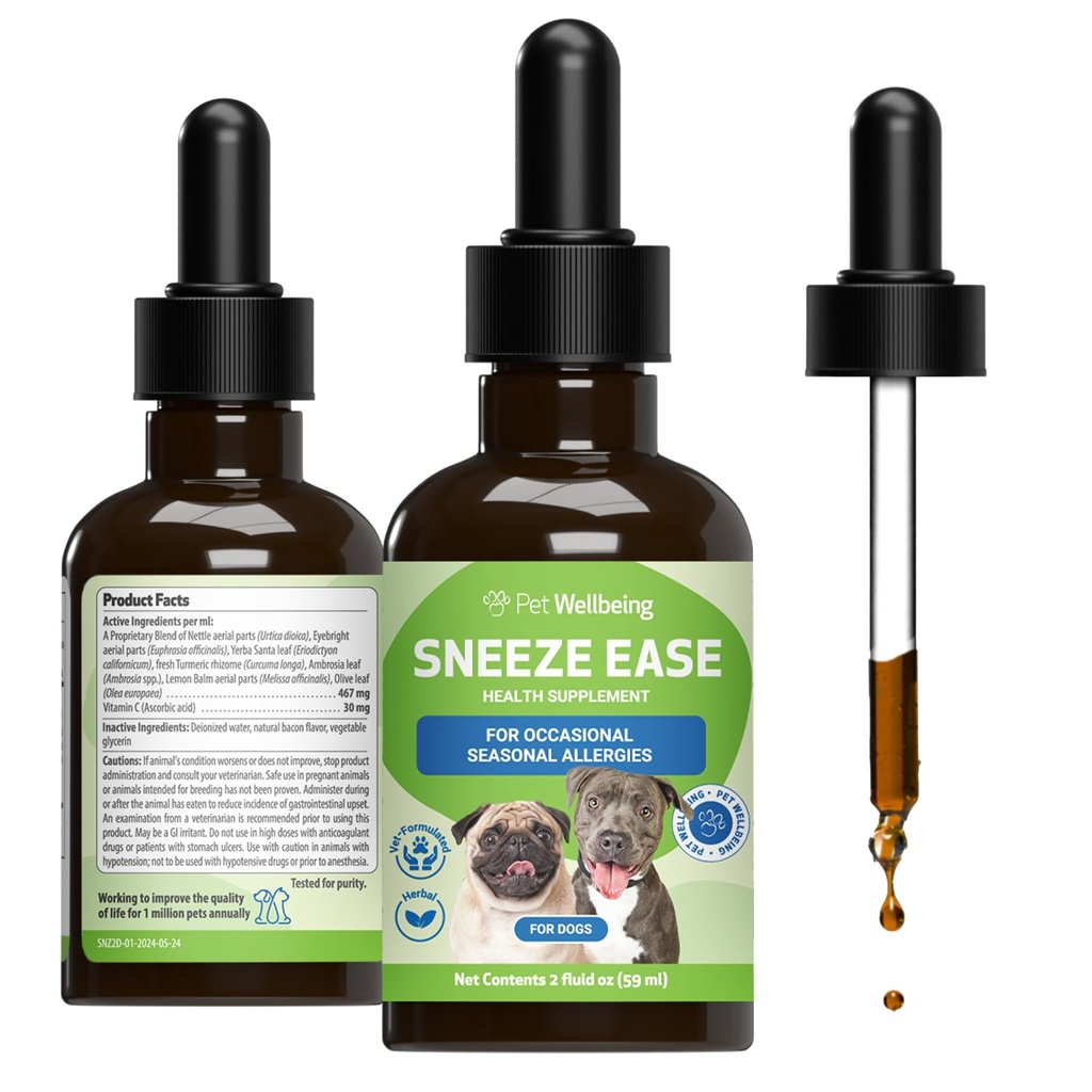 Pet Wellsing Sneeze Ease for Dogs - Occasional Sneezing, Seasonal Alergi, Nose & Eye Discomfort, Eyebright, Nettles - Veterinian - Formulated Herbal Supplemen 2 oz (59 ml)