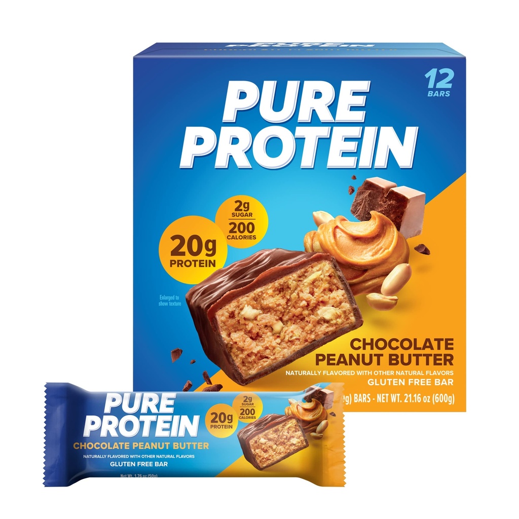 Murni Protein Bars, Protein Tinggi, Makanan Nutrisi untuk Mendukung Energi, Gula Rendah, Gluten Bebas, Chocolate Peanut Butter, 1.76oz, 12 Count (Packing May Vary)