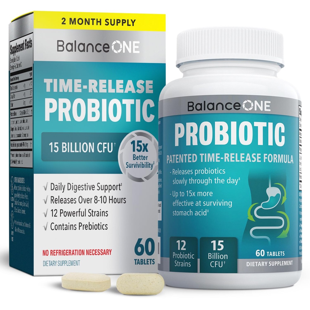 Balance One Probiotic for Women & Men - Time- Rilis Tablet untuk 15x Survivability - 12- Strain Formula dengan L. Plantatum & L. Acivoilus - Gut & Digetical Health Support - 60 tablet