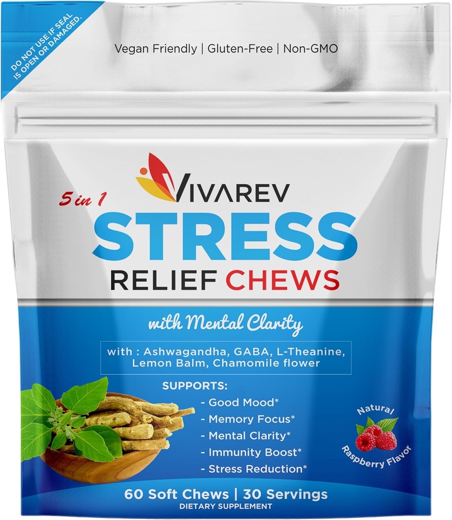 Stres Relief Ashwagandha Gummies - Formulated with Ashwagandha, GABA, L Theanine, Lemon Balm & Chamomile Flower as a Stress Relief and Focus Supplication - Natural Raspberry Flavor, Paket 60