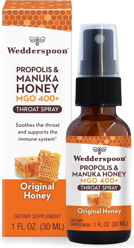 Wedderspoon Propolis dan Manuka Honey Throat Spray, Original Honey, 1 Fl Oz (Paket 1), Sore Throat Relief, Natural Imune Support