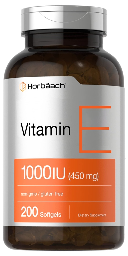 Horbäach Vitamin E 1000 IU Softgel Capsules 124; 200 Count 124; None-GMO, Gluten Free, Preservative Free 124; Vitamin E Oil