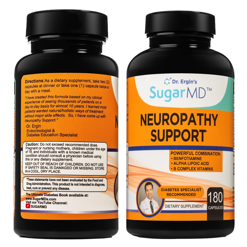 SugarMD Neuropathy Support Suplemen - 180 Nerve Suplement Capsules dengan Alpha Lipoic Acid, Benfotiamine & Vitamin D3 B6 B12 - Suplemen Dukungan Nerve untuk Tangan Feet & Legs - 90 Hari Supply