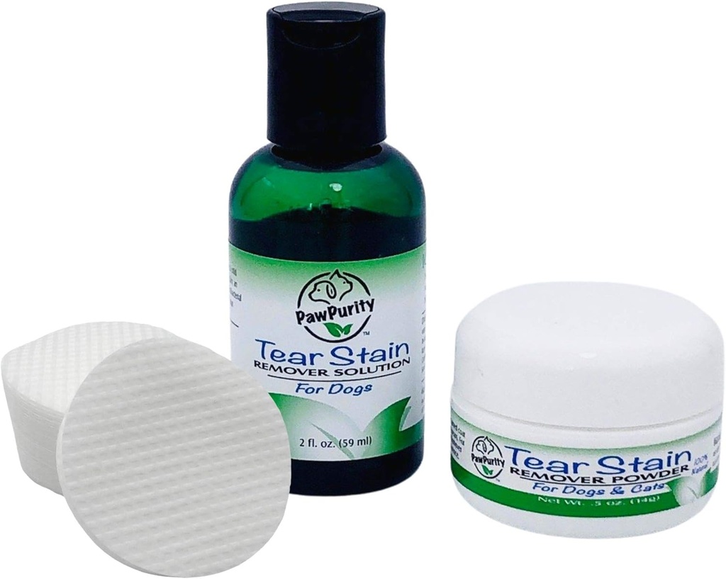 Pawfure Tear Sear Remover Kit for Dogs Alagly 124; Includes Tear Stain Remover Solution 2 oz, powder .5oz and 30 Application Pads 124; 100% Nature 124; Removal Takes About 7- 10 Days (30- 45 day supply)