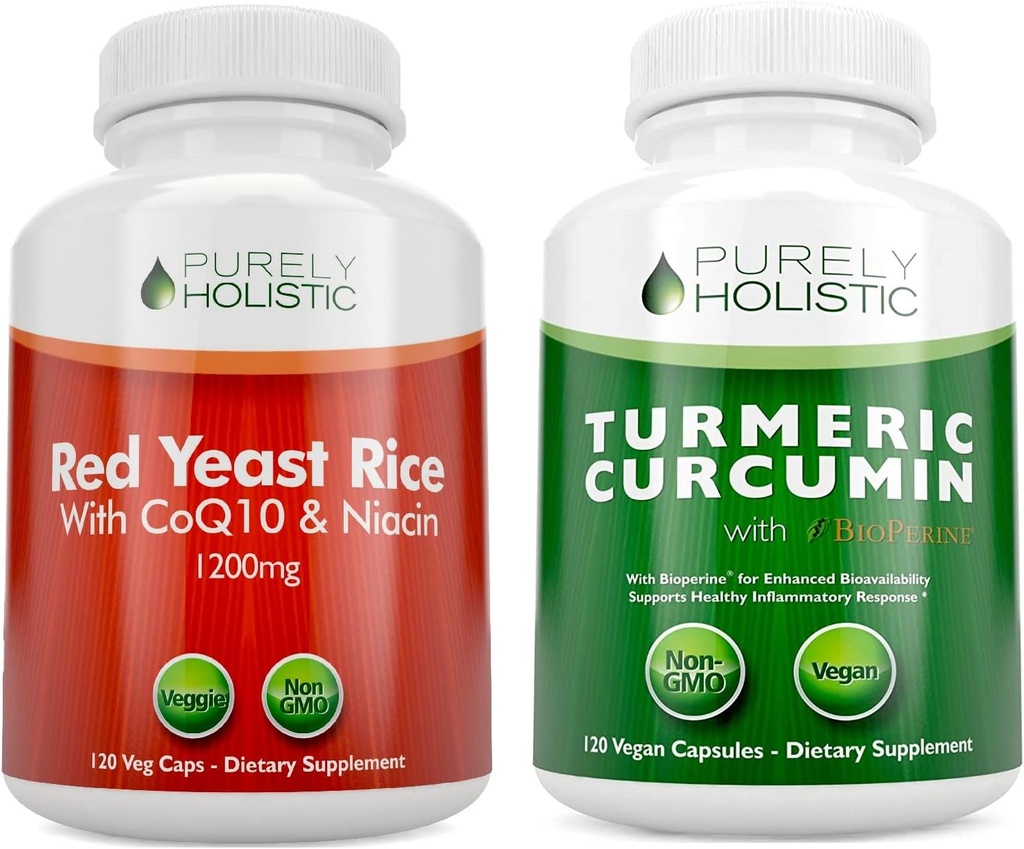 Red Yeast Rice 1200 mg & Niacin + Organic Turmeric Curcumin 700mg & Bioperin Menyediakan 95% Curcuminoid - 240 Vegetarian Capsules