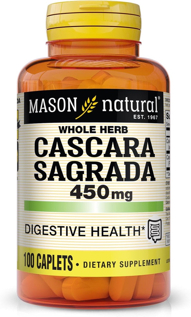 MASON NATURAL Cascara Sagrada 450 mg, Herbal Suplemen untuk Fungsi Digetical Dukungan Normal, 100 Caplets