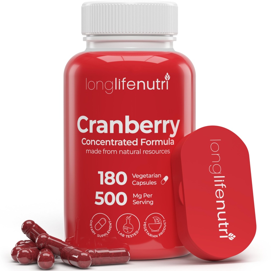 LongLifeNutri Cranberry Extract with Vitamin C & E - Murni konsentrasi Formula, 500mg per Serving, 180 Vegetarian Capsules, Urinary Tract Health & Bladder, 6 Bulan Suppply, Dibuat di USA
