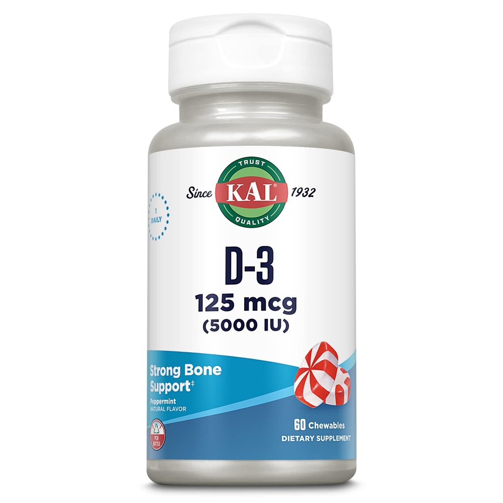 KAL Vitamin D3 5000 IU 125 mcg, Potency Vitamin D Chewables, Calcium Absorpsi, Bone Health dan Imune Supppport, Natural Peppermint Flavor, 60-Day Dijamin, 60 Pelayan, 60 Chews