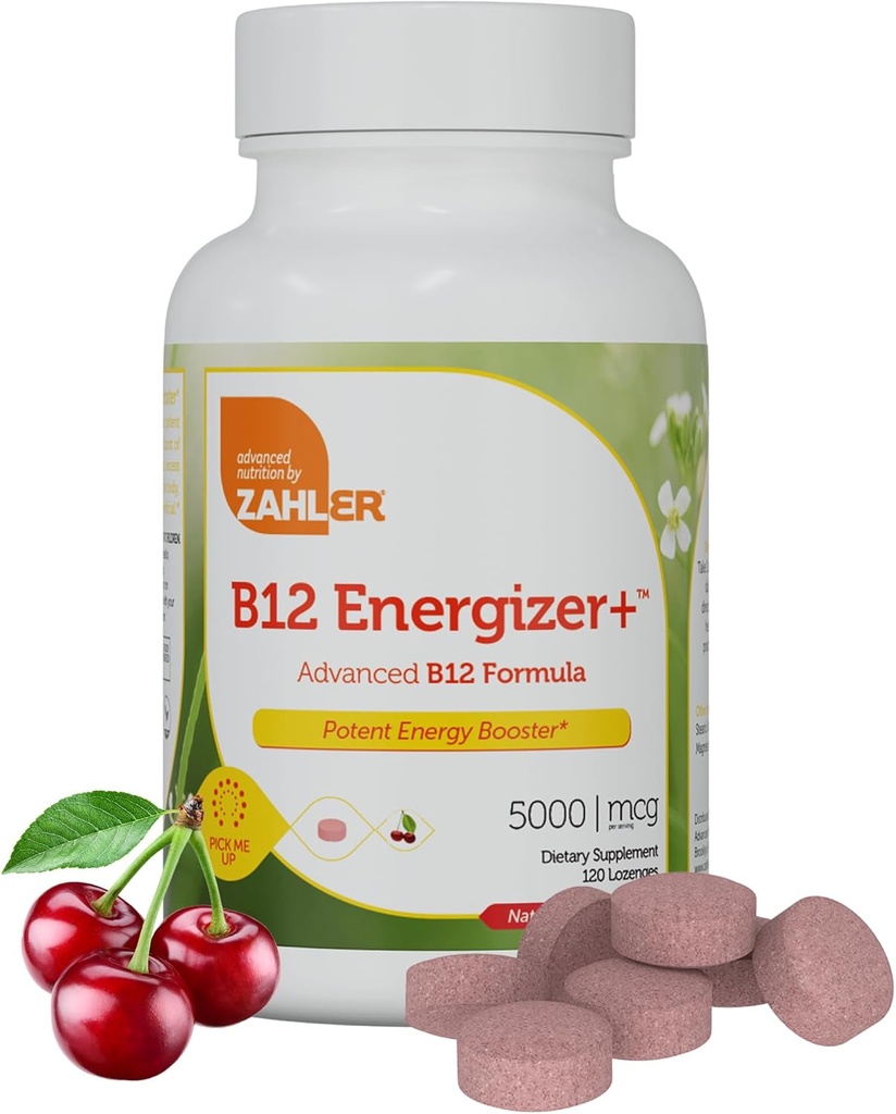 Zahler Energizer + Vitamin B12-5000 mcg Vitamin B12 - Natural Cherry Flavor Dissolable Lozenges - Kosher Gluten Free Non-GMO B12 Vitamin 5000 mcg, Energy Boost, dibuat di USA (120 Count)