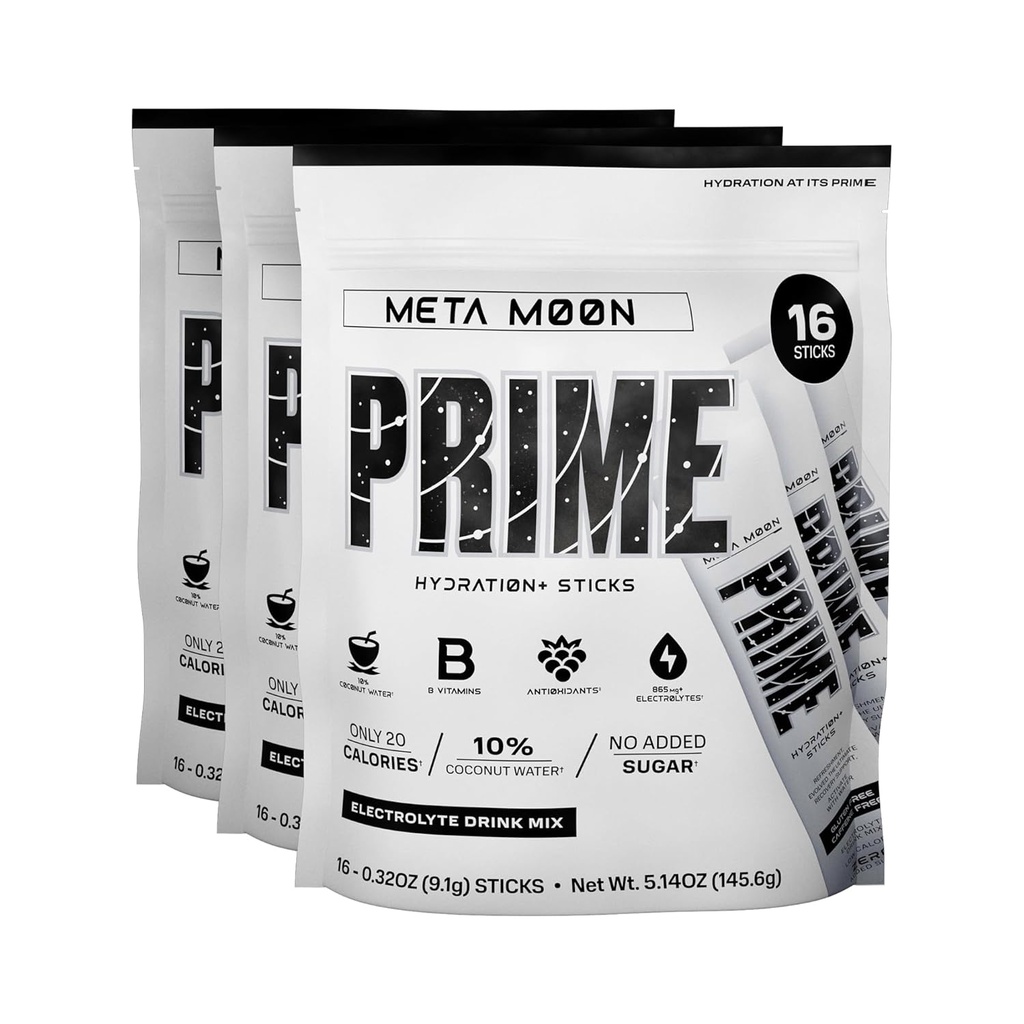 Hidrasi PRIME + Sticks META Moon 14; Hidration Powder Single Save Sticks 124; Electrolite Powder On The Go 124; 250mg BCAAs, B Vitamin, Antioksidants 124; Low Sugar 124; Caffeinee- Free Alag4; Vegan 124; 48 Sticks