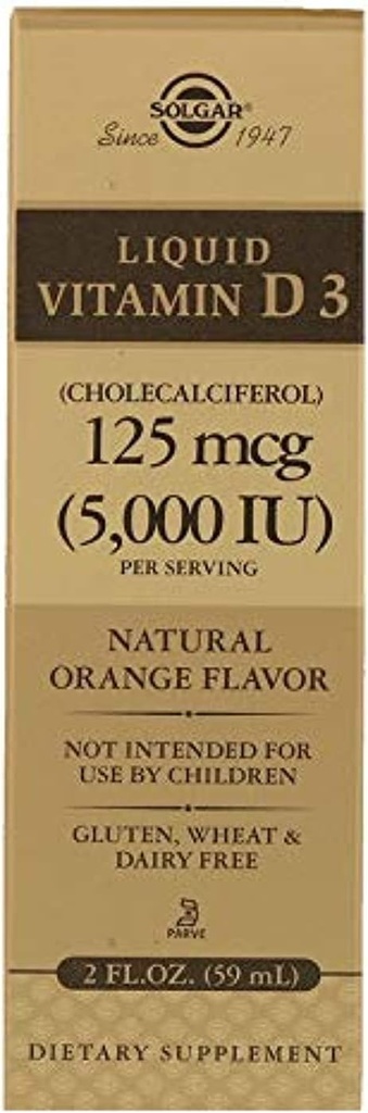 Solgar Liquid Vitamin D3 125 mcg (5.000 IU) - 2 flf oz - Delicious, Natural Oranye Flavor - membantu mempertahankan Healthy Bones & Teeth - Imune System Support - Gluten Free, Dairy Free, Kosher - 59