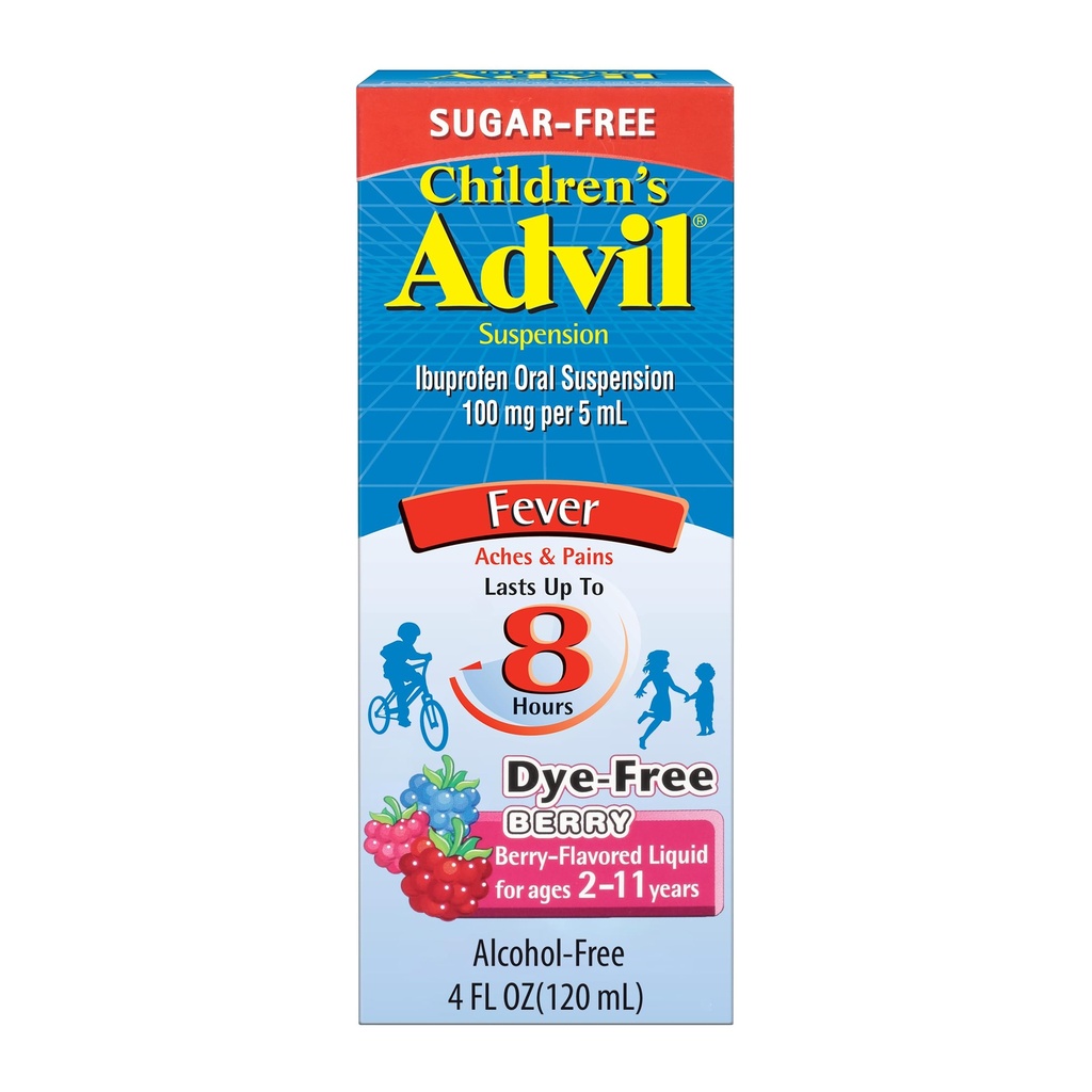 Advil Pain Reliever dan Fever Reducer, Dye Free and Sugar Free Ibuprofen Oral Suspension, Berry Flavored - 4 Fl Oz