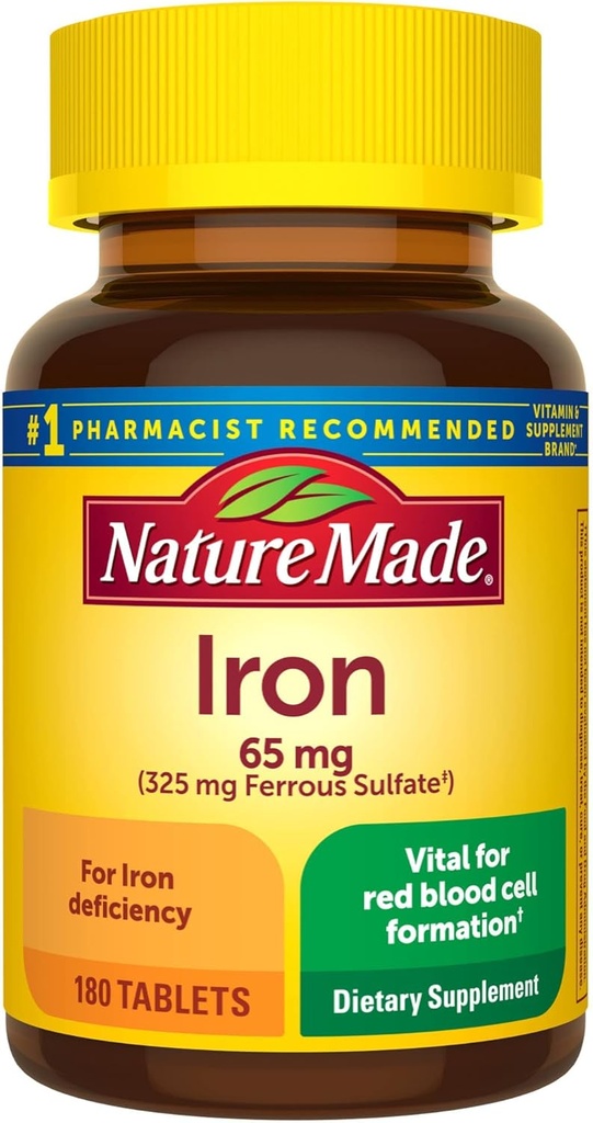 Nature Made Iron 65 mg (325 mg Ferrous Sulfate) Dietary Suplement for Red Blood Cell Support 180 Tablet (Paket 1)?