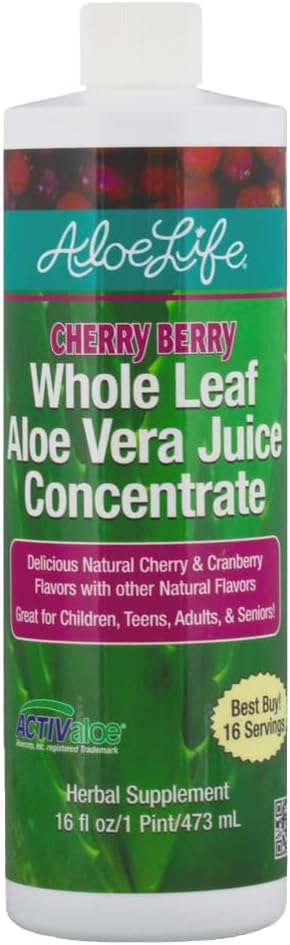 Aloe Life - Whole Leaf Aloe Vera Juice, Tersertifikat Organik, Gluten- Free (Cherry Berry, 16 oz)