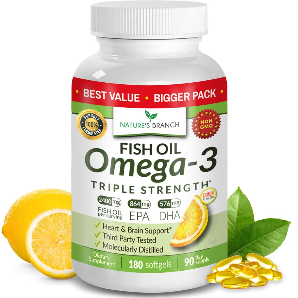Terbaik Triple Power Omega 3 Pil Minyak Ikan - 180 Capsules - 2400mg Tinggi Potency Burmon Flavor 864mg EPA 576mg DHA Ultra Liquid Softgels untuk Mata Mata Suplemen Kesehatan