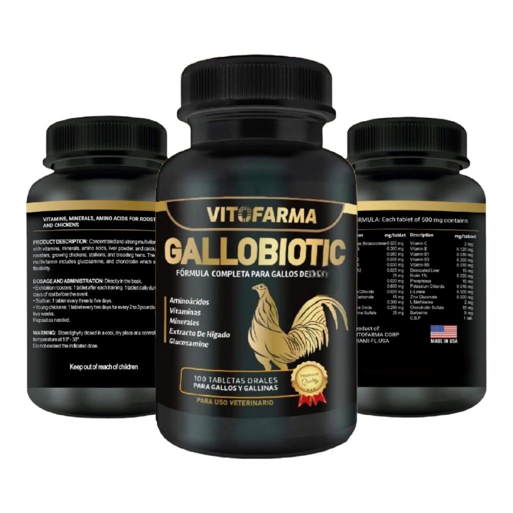 Gallobiotic Natural Multivitamin untuk Rooster, Hen - 100 Tablet 12.4; Vitamin Completas para Gallos