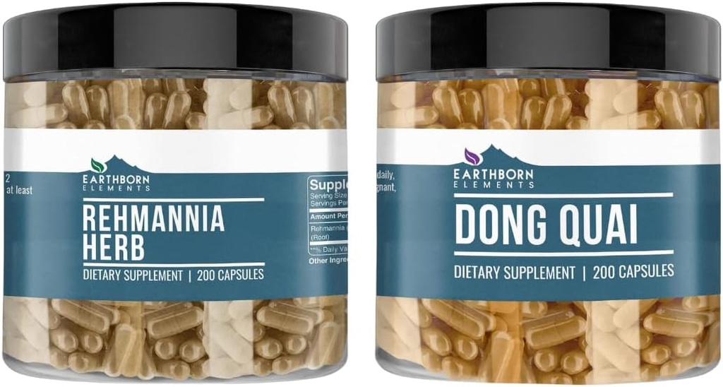 Elements Bumi Rehmannia Herb dan Dong Quai Bundle, 200 Capsules Masing-masing, Murni & Undiluted, Tidak Ada Addonves