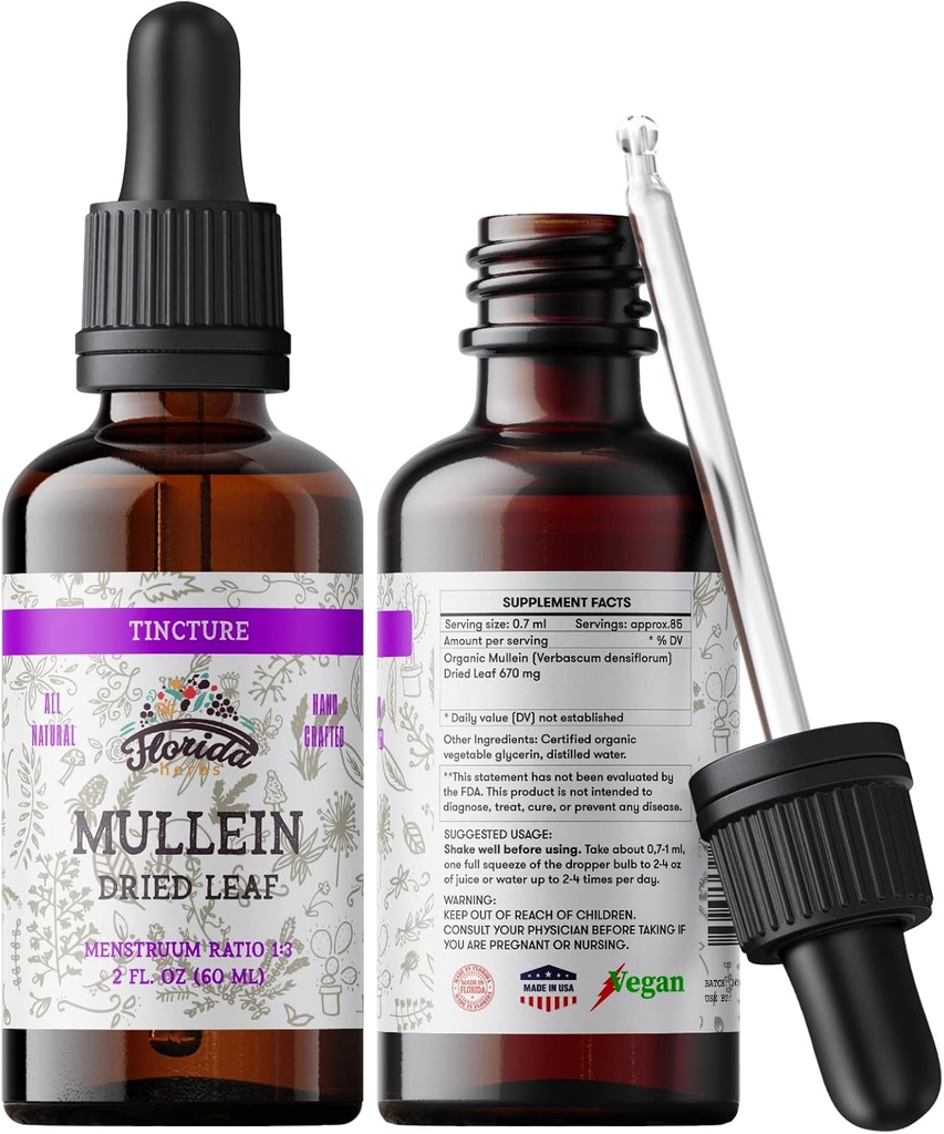 Mullein Tincture Extract, Organic Mullein (Verbacum densiflorum) Suplemen Leaf Herbal di Cold- Menekan Vegetable Glycerin 670 mg