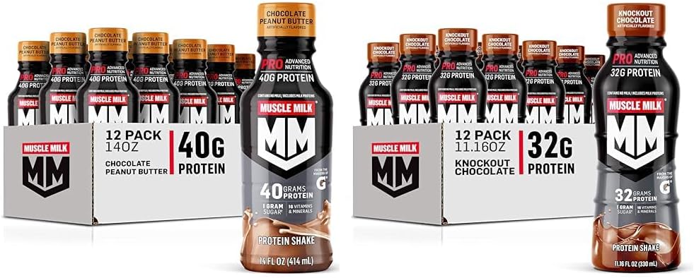 Muscle Milk Pro Series Chocolate Peanut Butter Protein Shake 40g Protein Pack of 12 & Pro Advanced Nuctout Chocolate Protein Shake 32g Protein Pack dari 12