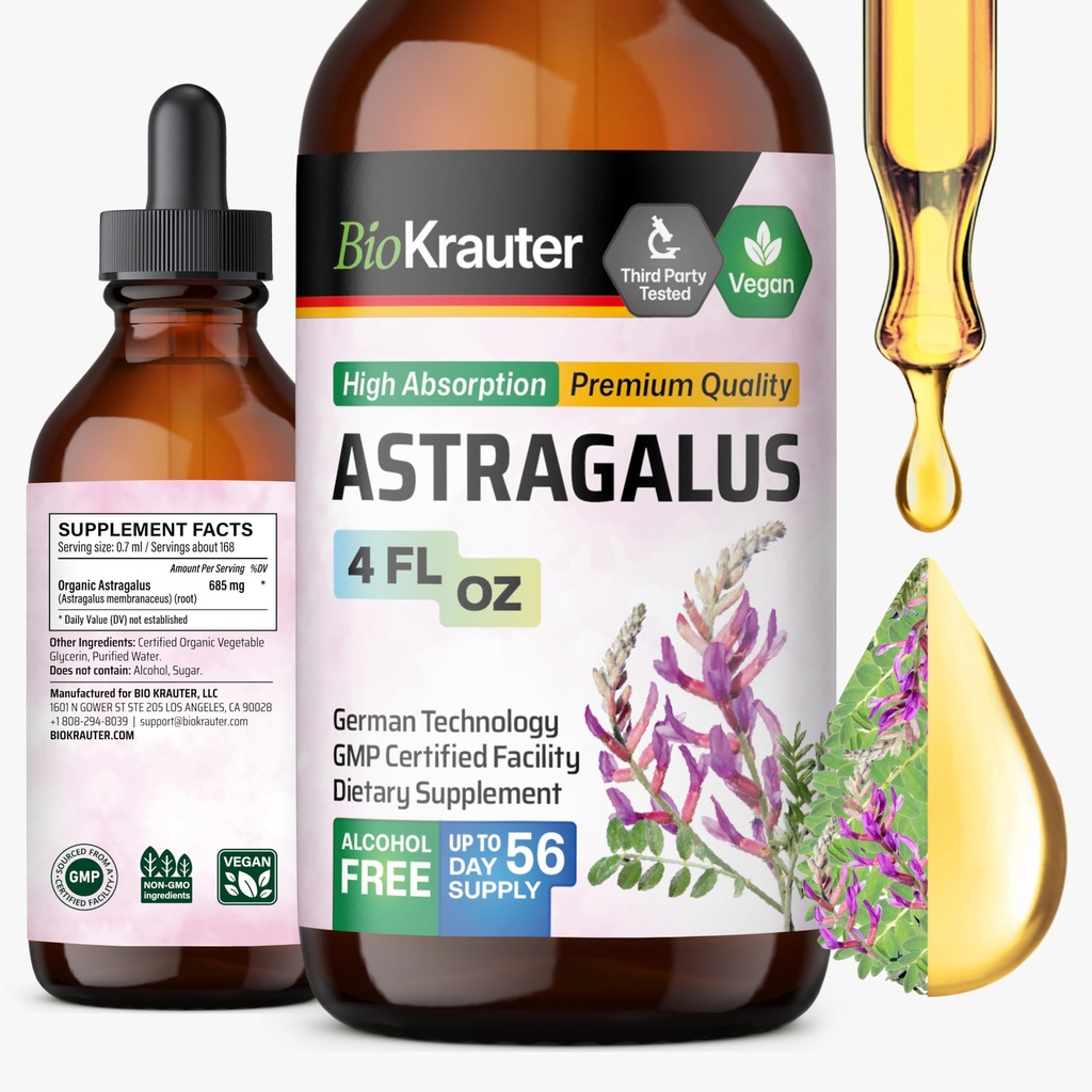 BIO KRAUTER Astragallus Tincture - Astragalus Root Extragales for Imune Support - Alkohol dan Gula Free - Absorpsi Tinggi - Vegan Drops 4 Fl.Oz.