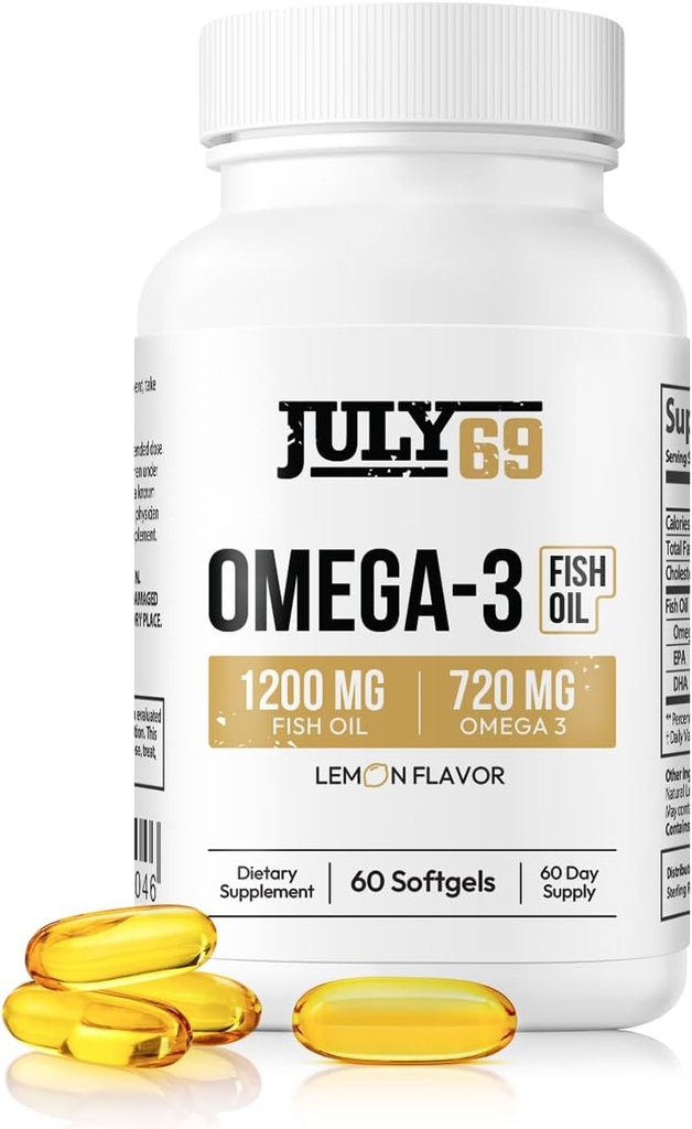 Omega 3 Minyak Ikan - 1200 MG Ikan Oil, 720 MG Omega 3, Lemon Flavor, 60 Softgels, EPA- DHA Softgel untuk Kekuatan & Kesehatan, Kemampuan Tinggi, Dukungan untuk Perempuan & Pria