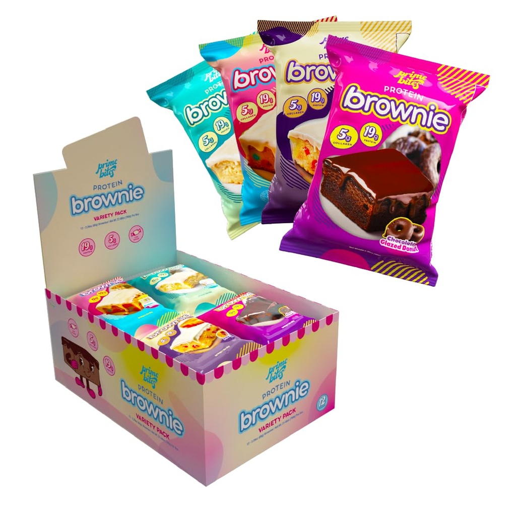 Prime Bites Protein Brownie dari Alpha Prime Suplemen 124; High Protein, Collagen Dibentuk Low Sugar Treat 124; Delicious Snack 124; 12 Bars per Box (Variety Pack)