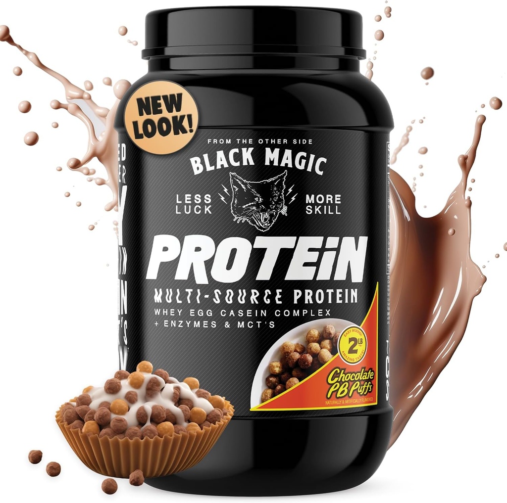 Black Magic Protein Powder - Whey, Egg, and Casein Complex with Enzymes & MCT Powder - Pre Workout and Post Workout - New Look- Terkenal Chocolate Peanut Butter Puffs - 24g Protin - 2 LB