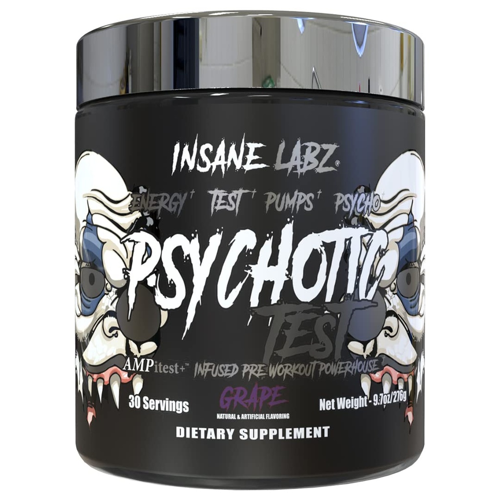 Tes Gila Labz Psychotic, Tes Testosteron Tinggi Testosting Energi dan Pompa Boosting Pre- Powder Workout dengan DMAE Bitartway, D Aspartic Acid, Cretine HCL dan Glycerol Monostearate, 30 Hamba, Grape