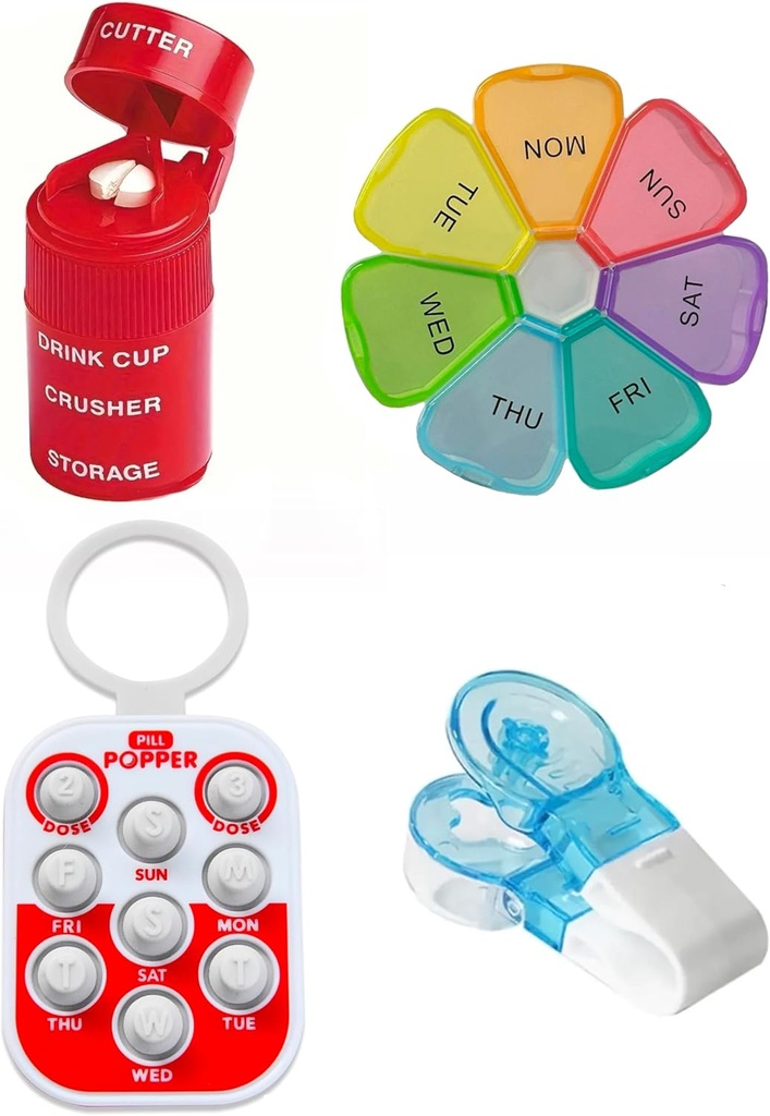 Aksesoris Pengobatan Ultimate Bundle - Pill Popper Tracker, 4-in-1 Pill Cutter & Grinder, Easy Pil Remover, and Extra-Large Weekly Pill Organizer - Sempurna untuk Senior & Caregivers