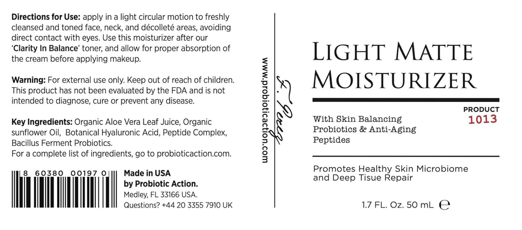 Aksi Probiotik ® Light Matte Moisturizer - Bantuan Probiotic mencegah Acne, Romacea, dan Eczema. Probiotik dan Peptide mempertahankan cahaya, kelembutan, dan ketekunan kulit bersih.