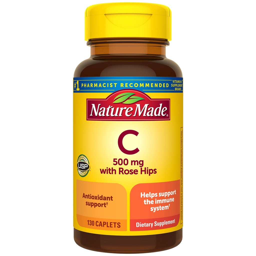 Nature Made Vitamin C 500 mg with Rose Hips, Dietary Suplement for Imune Dupport, 130 Caplets, 130 Day Supply