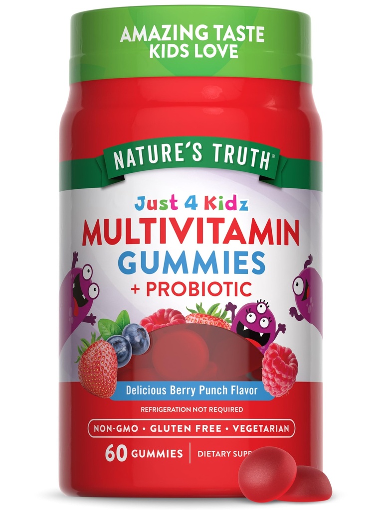 Nature 's Truth Kids Multivitamin Gummies with Progories 124; 60 Count 124; Berry Punch Flavor 124; Vegetarian, Non-GMO, dan Gluten Free Supplemen
