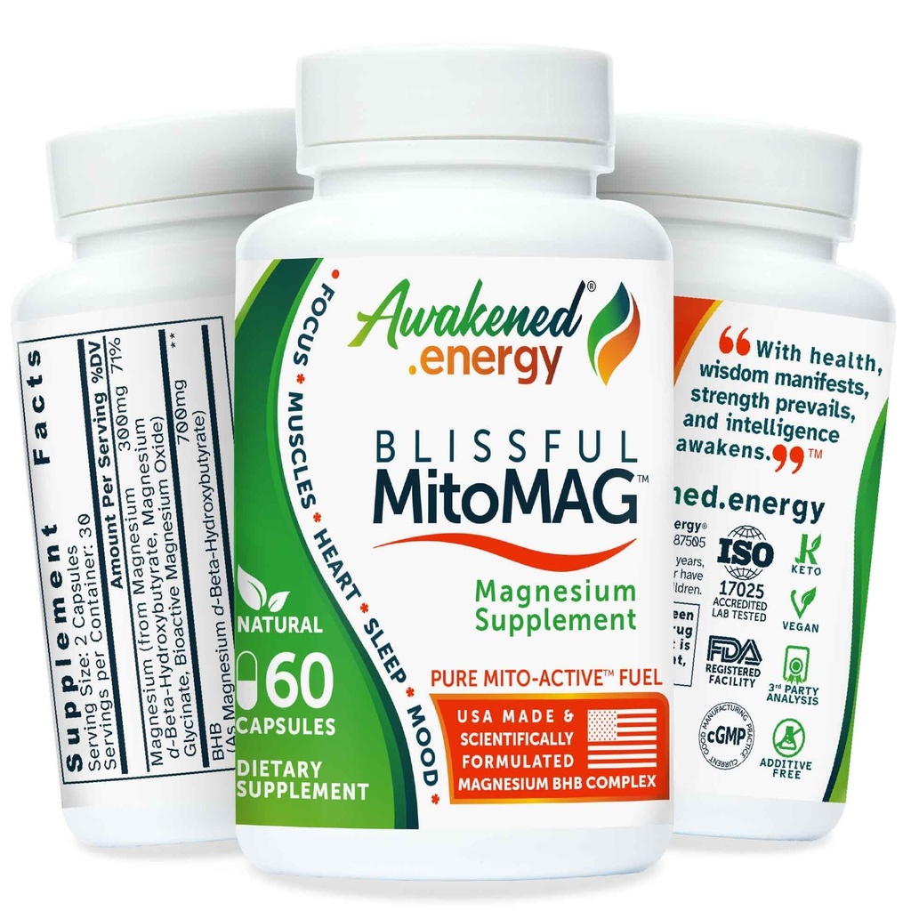 Pelembab MitoMag - 300mg Elemental Magnesium Complex: Mg Glycinate, Mg BHB - Sleep Muscles Mood Energy Cognitive Relax - All Natural, USA Made, No Addliction - 60 Vegan Capsules Suplemen