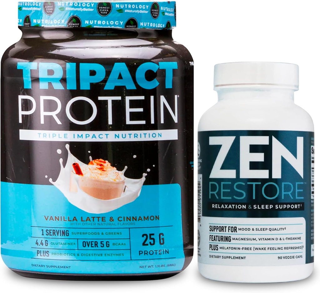 Powder Protein Nutrologi TRIACT, 7-1- Pengganti Meal Shake, Vanilla Latte Cinnamon Flavor (20 Servings) Zen Natural Magnesium Supplemen (30 Pelayan)