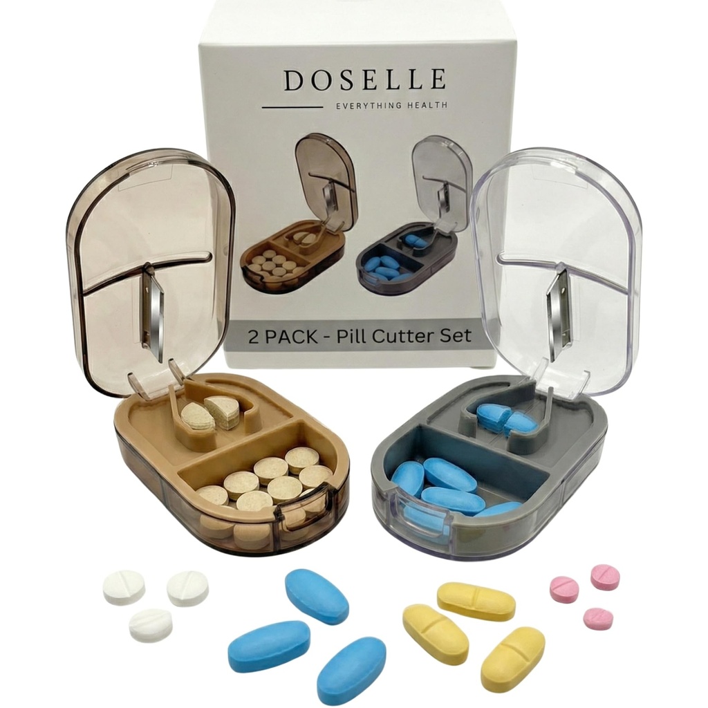 2PCS - Pill Cutter Splitter with Mini Pill Box - Pill Cutters for Small Pills Profesional - 4 Way Pill Splitter 1 / 4 - Pill Splitter with Cinding Device - Gray & Brown