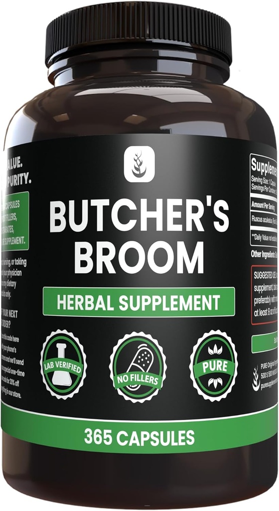 Murni lngredians Butcher 's Broom (365 Capsules), Tanpa Magnesium atau Pengisi Rice, Selalu Murni, Lab Verifikasi