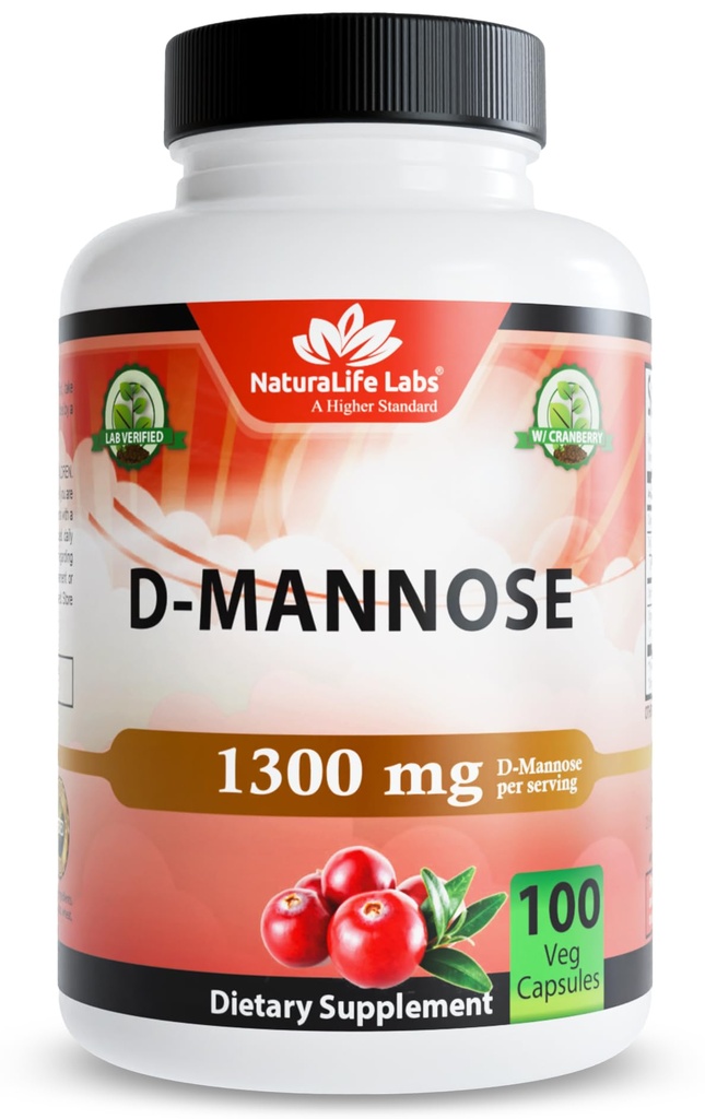 Lab Kehidupan Organik D-Mannose 1300 mg dengan Organik Cranberry Extract 100 mg per Serving - 100 Kapsul - Non-GMO, Gluten- Free, Vegan