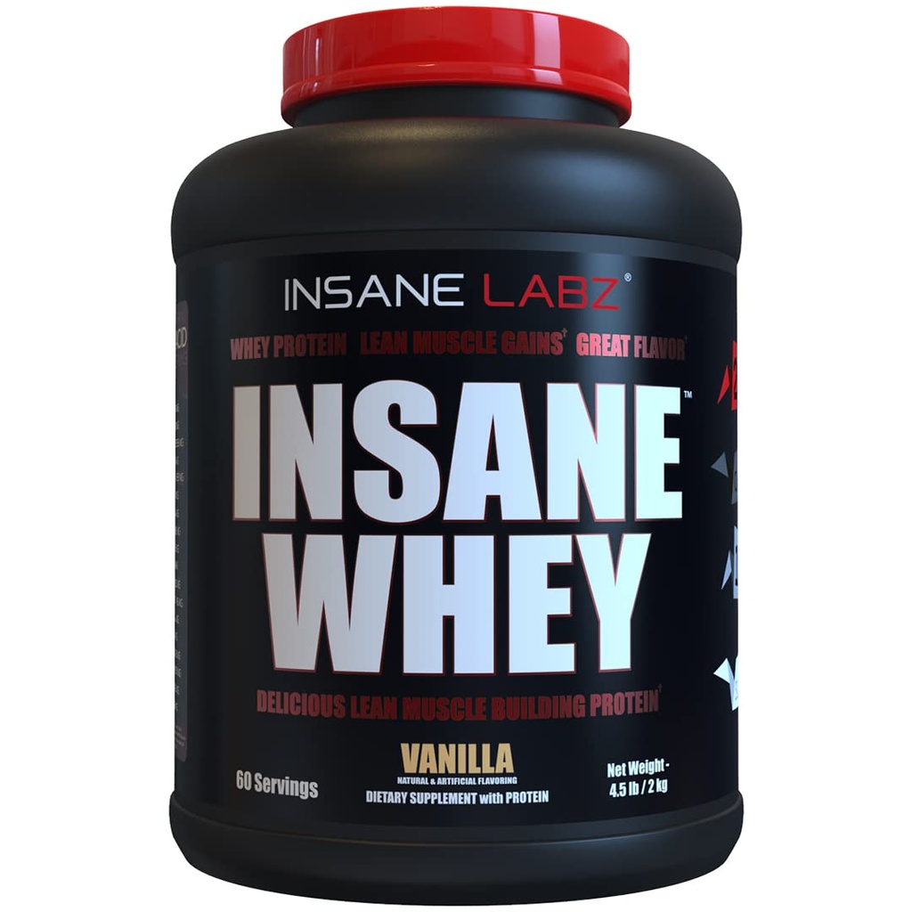 Insane Latz Insane Whey, 100% Muscle Building Whey Protein, Post Workout, BCAA Amino Profile, Mass Gainer, Meal Replacement, 5lbs, 60 Srvgs, (Vanilla)