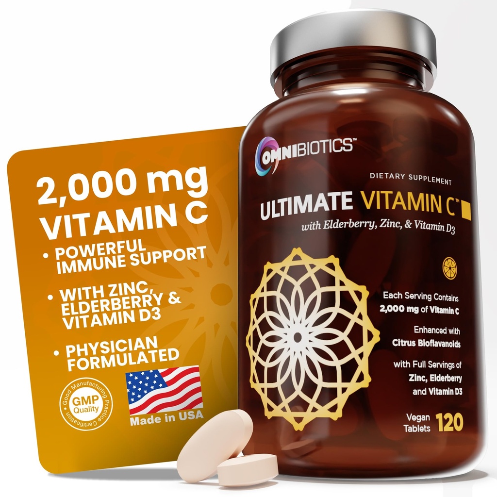 OmniBiotics Ultimate Vitamin C Tambahan 2000mg - dengan Zinc, Ekstrak Elderberry, dan D3 - Potensi Tinggi Dukungan & Collagen Booster - 120 Tablets Vegan