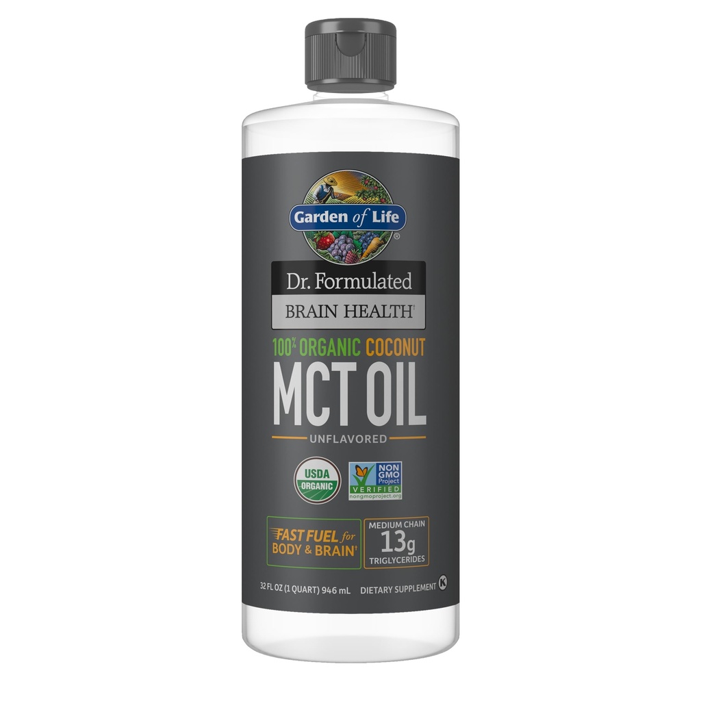 Garden of Life Dr. Formulated Brain Health 100% Organic Coconut MCT Oil 32 quid oz Unfeatured, 13g MCts, Body & Brain Fuel, Sertifikasi Non-GMO Vegan & Gluten Bebas, Hexane- Free
