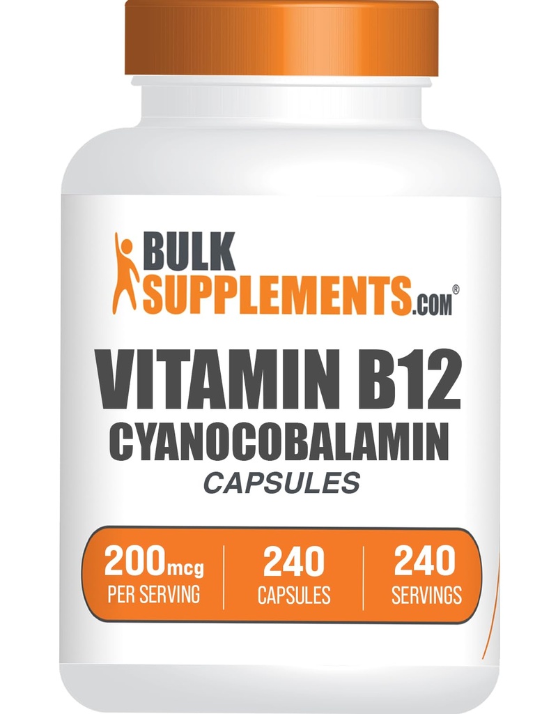 BulkSuplements.com Vitamin B12 Kapsul - seperti Cyanocobalamin, Vitamin B Suplemen, Vitamin B12 200 mcg - Vitamin Energi, Gluten Bebas, 1 Capsule per Serving, 240 Capsules (Paket 1)